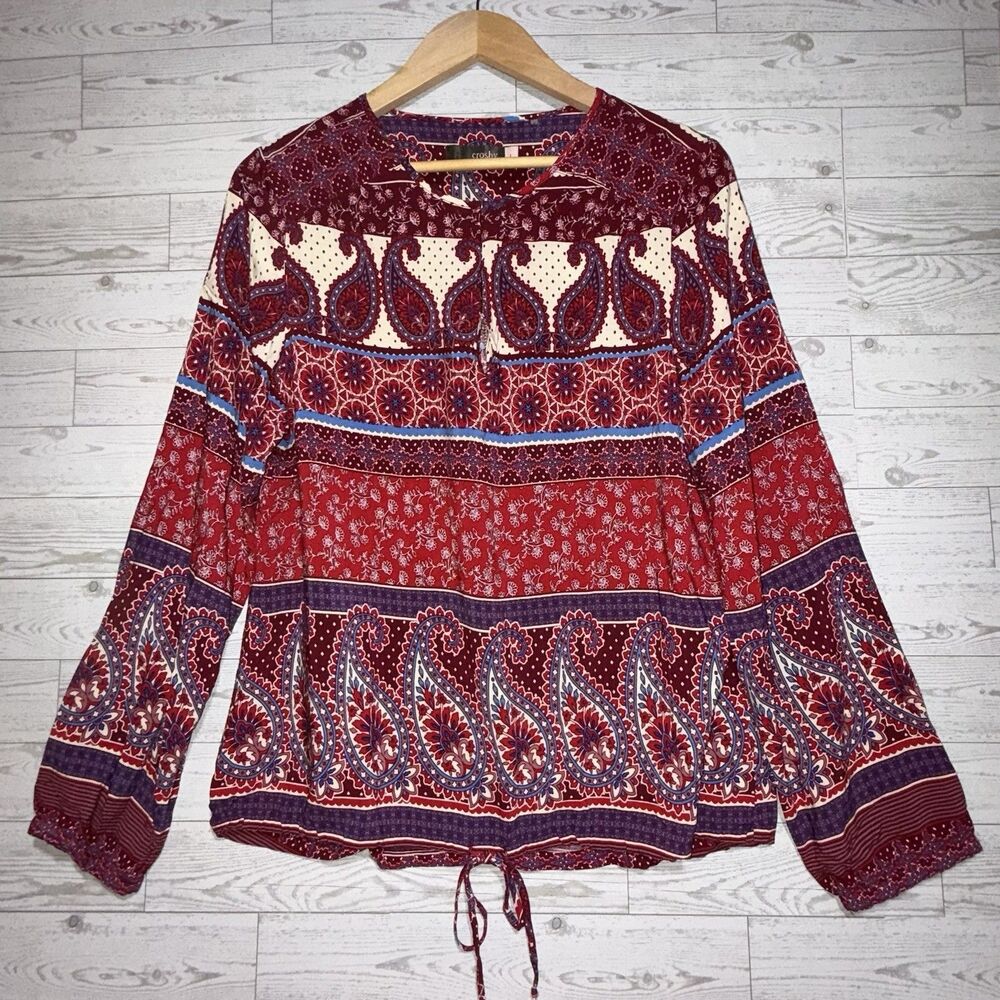 Crosby Bohemian Patchwork Paisley Long Sleeve Blouse Rayon Keyhole Women’s L
